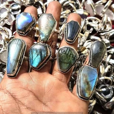 Flashy Labradorite Gemstone Coffin Rings 925 Sterling Silver Plated Jeweller Lot