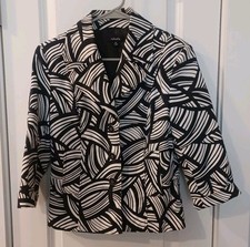 Rafaella Womens Blazer Lined Size Medium Black White Graphic 3/4 Sleeves Office