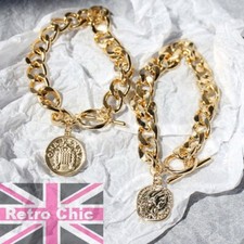 GOLD PLATED toggle BRACELET coin charm CHUNKY 10mm CURB roman coins BLING heavy