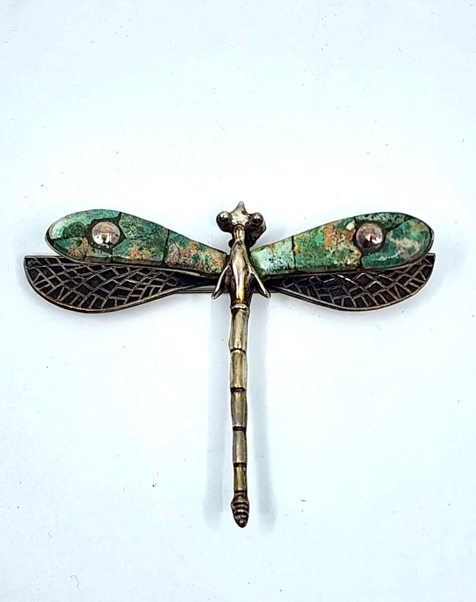 HECHO A MANO STERLING SILVER DRAGONFLY BROOCH PIN WITH NATURAL STONE C828
