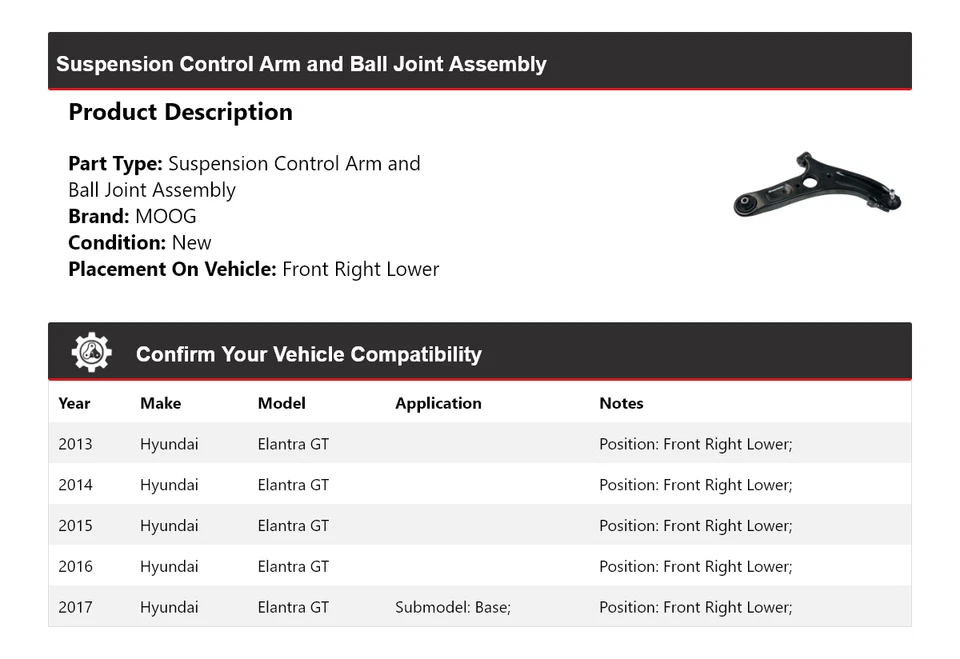 Brazo de control delantero derecho inferior MOOG 2013-2017 para Hyundai Elantra GT 2013-2017 Foto 2 de 4