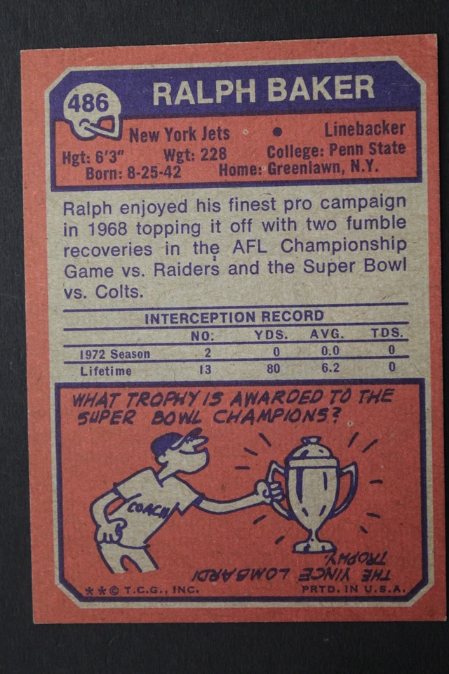 Ralph Baker New York Jets Signed 1973 Topps #486 Autographed Card PENN STATE - Image 2 of 3
