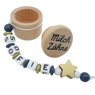 FRAU ELSE Milchzahndose mit Namen Geschenk Geburtstag Mädchen Junge Stern gold grau Holz