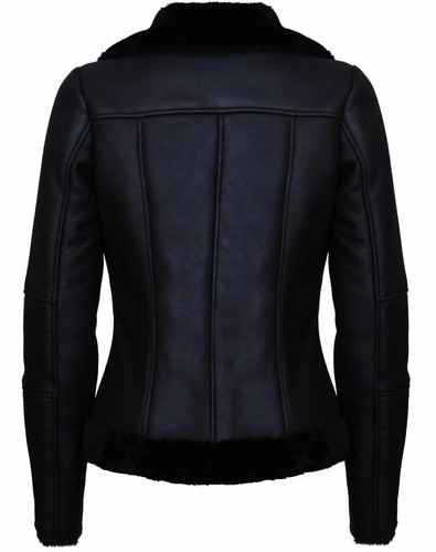 Chaqueta de motociclista de cuero de aviador de piel de oveja negra corta negra Merino para mujer - Imagen 4 de 5
