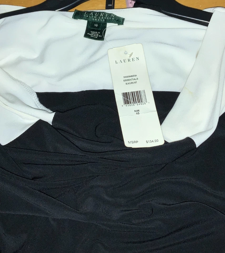 全新 RALPH LAUREN 瘦身褶皱球衣 针织 人造裹身连衣裙 10 黑色 $134 全新带标签 — 第 3/4 张图片