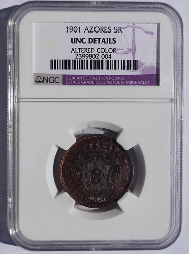 1901 Azores 5 Reis World Coin - Portugal - NGC UNC Details Certified