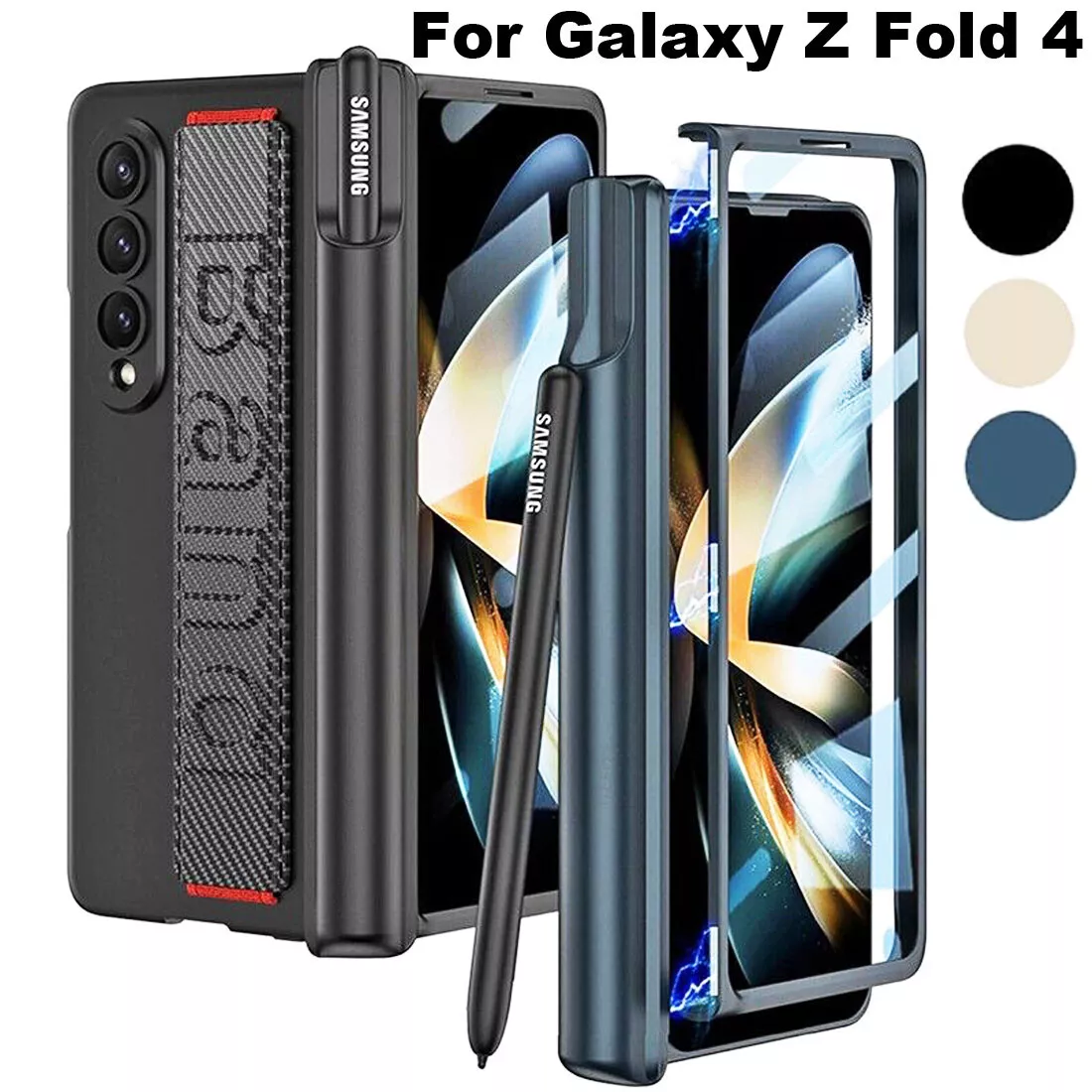 For Samsung Galaxy Z Fold 4 Case With S Pen Holder Wrist Strap Hard Cover  Fold 3