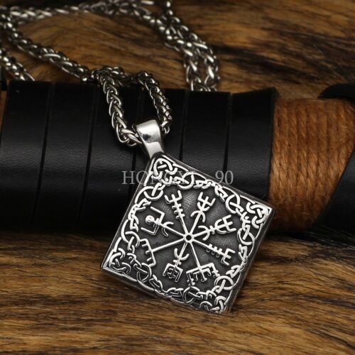 Men's Nordic Viking Stainless Steel Compass Rune Square Pendant Necklace Gift - Picture 3 of 7