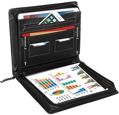Handgefertigtes Echtleder-Portfolio, A4 Konferenzordner Reißverschluss Padfolio - schwarz
