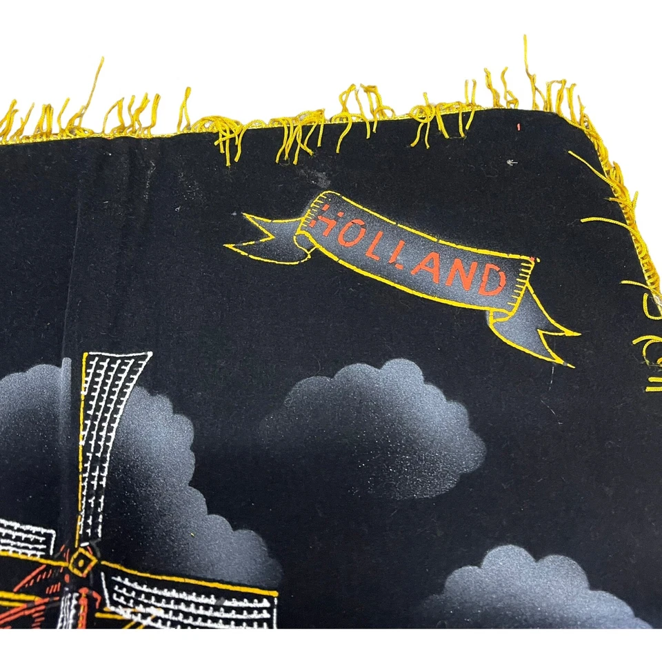 Set Of 2 Black Velvet Pillow Black Holland Vintage Souvenir Windmill Fringed 17" - Image 4 of 4