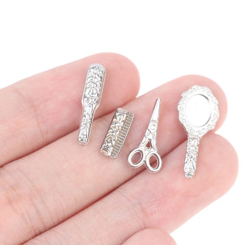 4 Piece Dollhouse Miniature Bathroom Set - Hair Dryer, Comb & Mirror For 1:12 Scale Dollhouses