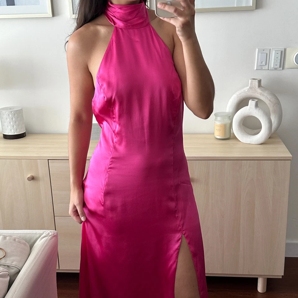 Guess Marciano Maxi Dress Fuchsia 100% Silk Evening Gown High Slit Y2K Glam Gala - Image 4 of 4