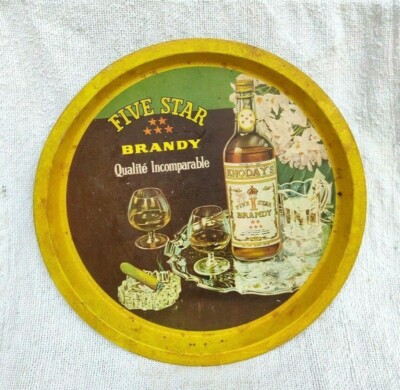 1950er Vintage Khoday Five Star Brandy Adv Blech-Teller Dekorative Barware T1087