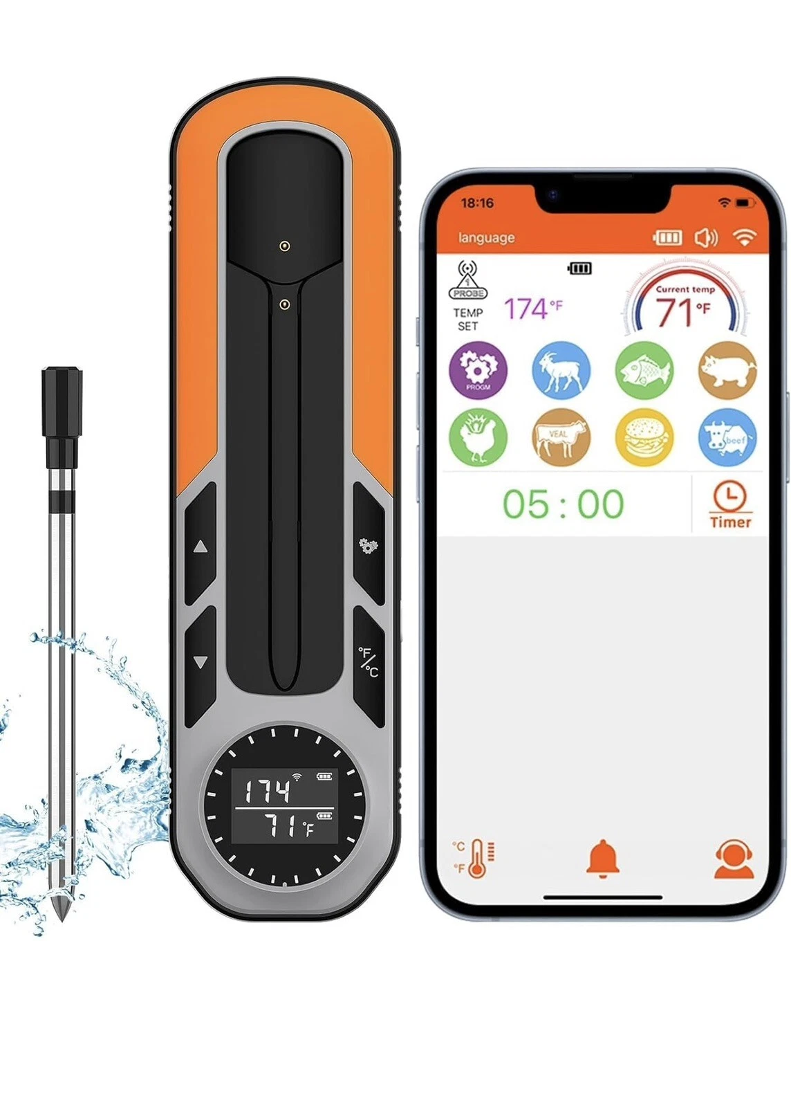 Smart Meat Thermometer with Bluetooth Wireless 500Ft Range for Oven Grill