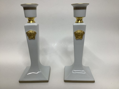 Versace Rosenthal Gorgona Gold Weiß Kerzenständer 8" 2er Set Selten Paar Rarität - Bild 2 von 7