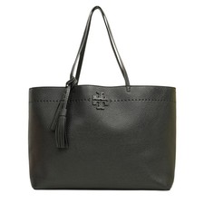 Used TORY BURCH Logo Tote Bag Black Gold Leather Vintage