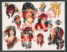 original vintage copy 1980s don ed hardy gypsy pinup tattoo flash lam 11x14