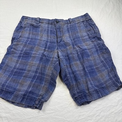 Banana Republic Linen SHORT MENS 35  Blue Plaid Design Casual