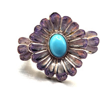 Vintage Sterling Silver Native American Turquoise Flower band Ring size 6