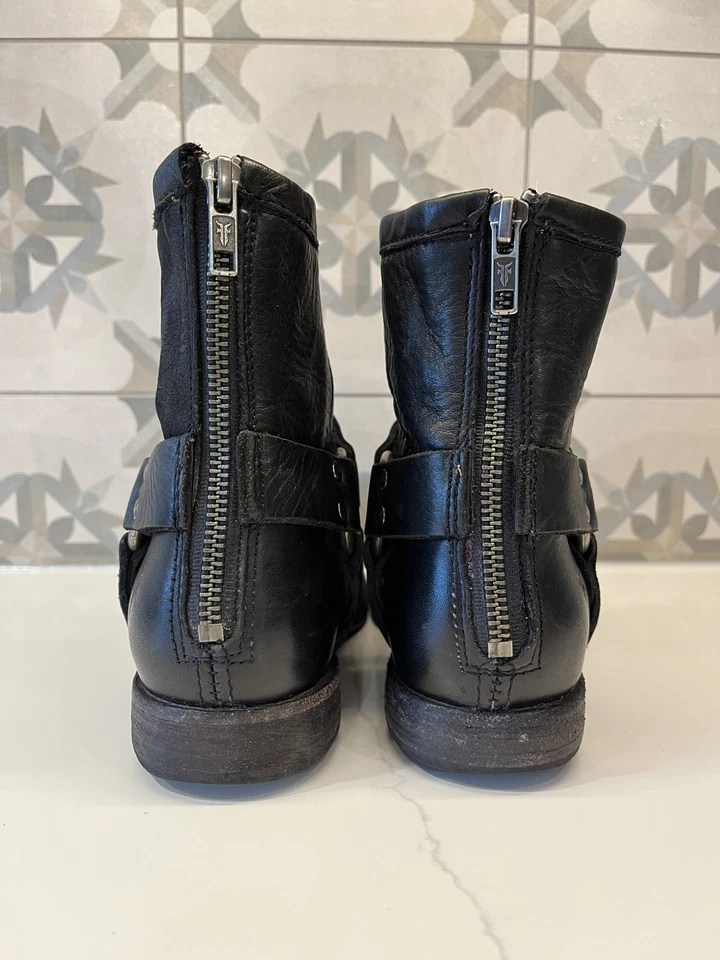 FRYE Phillip Arnés Cuero Negro Botines Moto/Motero #76870 Talla 7 Foto 4 de 4