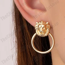 CLIP ON lion head RETRO HOOP EARRINGS door knocker HOOPS gold tone NON-PIERCED