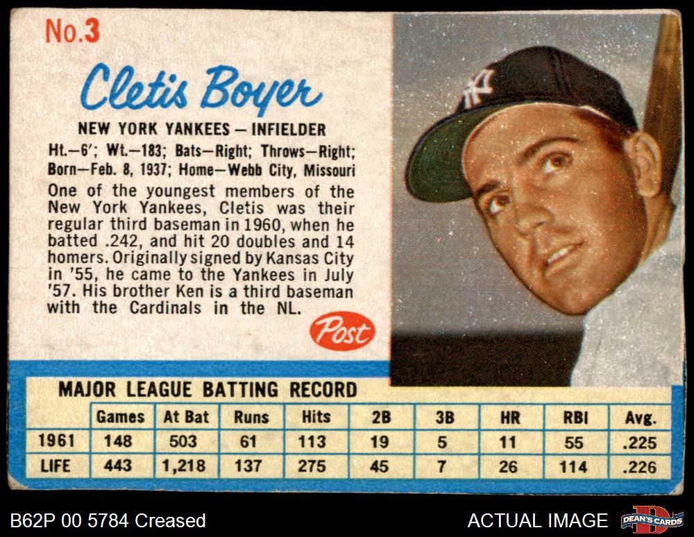 1962 Post Cereal #3 Clete Boyer Yankees 3 VG Vintage Baseball Card