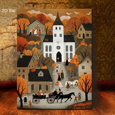 Folk Art Autumn Town Church Vintage Fall Halloween Framed Canvas Wall Decor