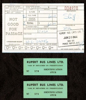1964 Passenger Receipt Prince Rupert-Skagway + 2 Pr. Rupert Bus Line ID Stubs