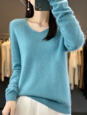 Fashion100 Merino Wool Sweater Cashmere Pullover Knitwear V-Neck Long Sl
