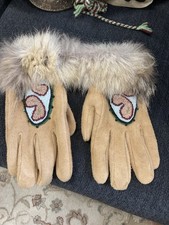 Alaskan Native Suede And Fur Trimmed Gloves With Hand beaded Design Size Large