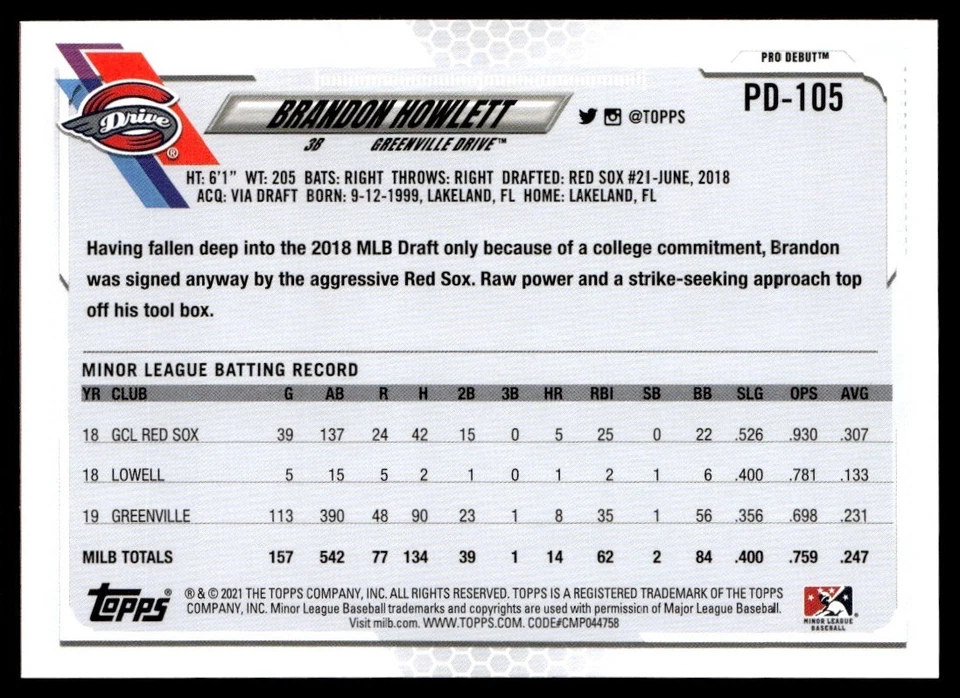 2021 Topps Pro Debut Brandon Howlett Greenville Drive #PD-105 - Image 2 of 2