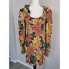Farm Rio Garden Flower Exclusive Smocked Long Sleeve Mini Dress Ruffled Sz S