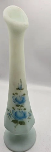 Vintage Fenton Art Glass Hand Painted Blue Roses on Blue Satin Signed Bud Vase.