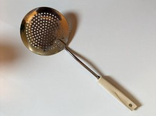 Vintage EKCO Skimmer Strainer Spoon Utensil 12.5" Beige Handle Made in USA
