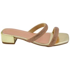 Sandali donna gioiello mule aperti oro lucido fascette brillantini tacco doppio 