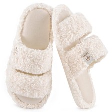 EverFoams Womens Fuzzy Open Toe Slippers Comfy Soft Memory Foam Indoor House ...