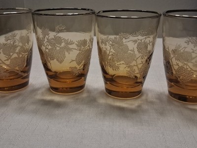 4 Vintage Amber Libbey Drinking Glasses Golden Silver Pine Cone Juice Water 4oz
