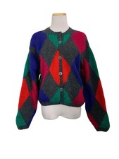 Vintage Liz Claiborne Hand Knitted Wool Mohair Cardigan Sweater Women  s S Argyle