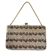 Vintage 40s 50s Walborg Floral Rose Beaded Gold Chain Kisslock Small Evening Bag