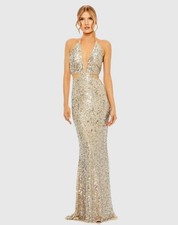 MAC DUGGAL Size 10 Nude Silver 93977 Cut Out Halter Tie Back Sequin Gown Dress