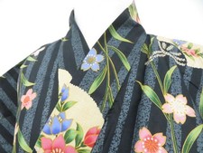 JAPANESE KIMONO YUKATA BLACK 161.5cm 5 ft 4 in COTTON EE8059