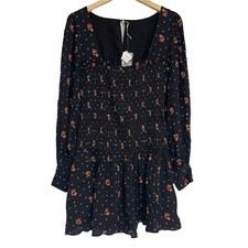 FREE People Dress Small Smocked Black Floral Print Square Neck Long Puff Sleeves