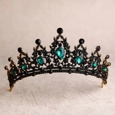 Black Crown Emerald Green Vintage Baroque Tiara Dark Goth Evil Queen diadem head