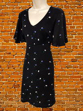 M&S COLLECTION UK 10 BLACK GEO PRINT SHORT ANGEL SLEEVE V-NECK A-LINE KNEE DRESS
