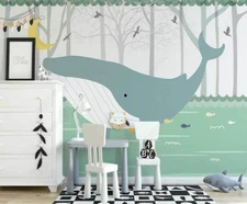 3D Whale Forest Bird Cartoon Kids Self-adhesive Removeable Wallpaper Wall Mural