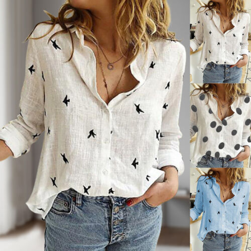 Loose Fit Cotton Linen Turn Down Collar Casual Women Sexy Shirt Top Daily Outfit - Bild 1 von 19