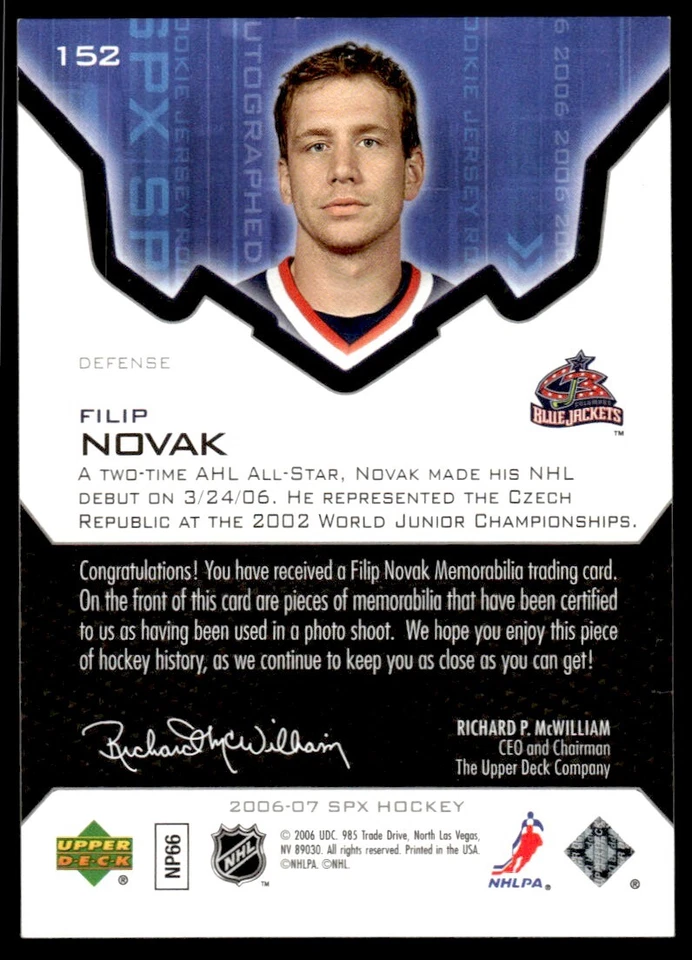 2006-07 SPx JERSEY RC Filip Novak Rookie 1339/1999 Columbus Blue Jackets #152 - Image 2 of 2