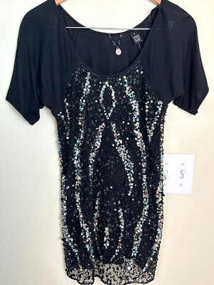 BKE Boutique Blouse Women's Small Black Beaded Sequin Lined Top Small Glam