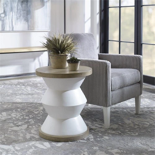 Uttermost Spool Geometric Wood Side Table with Light Honey Stain in Matte White - Picture 2 of 4