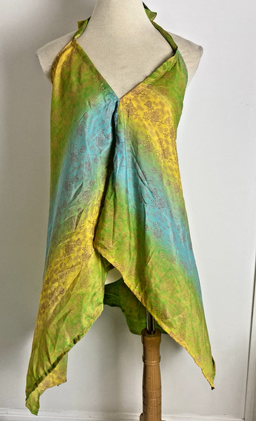Boho Top High Low Hem Halter V Neck Sleeveless Green Blue Gold Size M